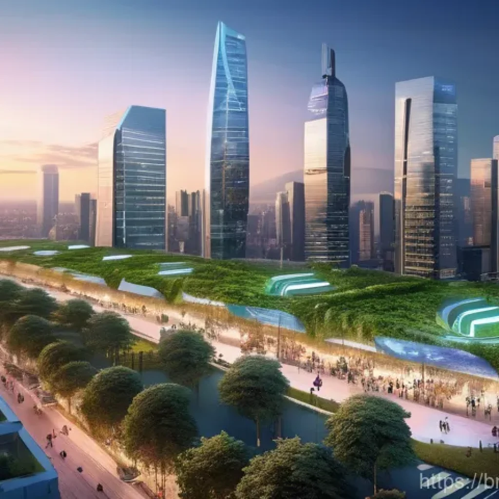 데이터 중심 웹 생태계의 미래 - **Smart City of Tomorrow: AI & IoT Harmony**
An aerial or slightly elevated perspective of a bus...