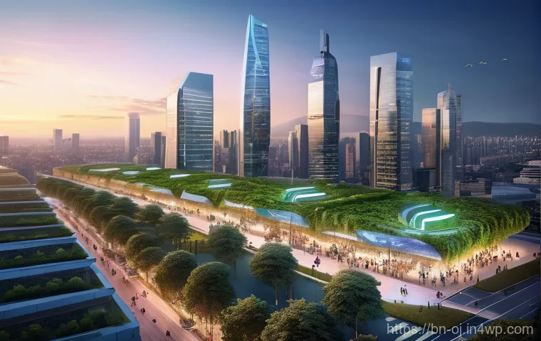 데이터 중심 웹 생태계의 미래 - **Smart City of Tomorrow: AI & IoT Harmony**
An aerial or slightly elevated perspective of a bus...