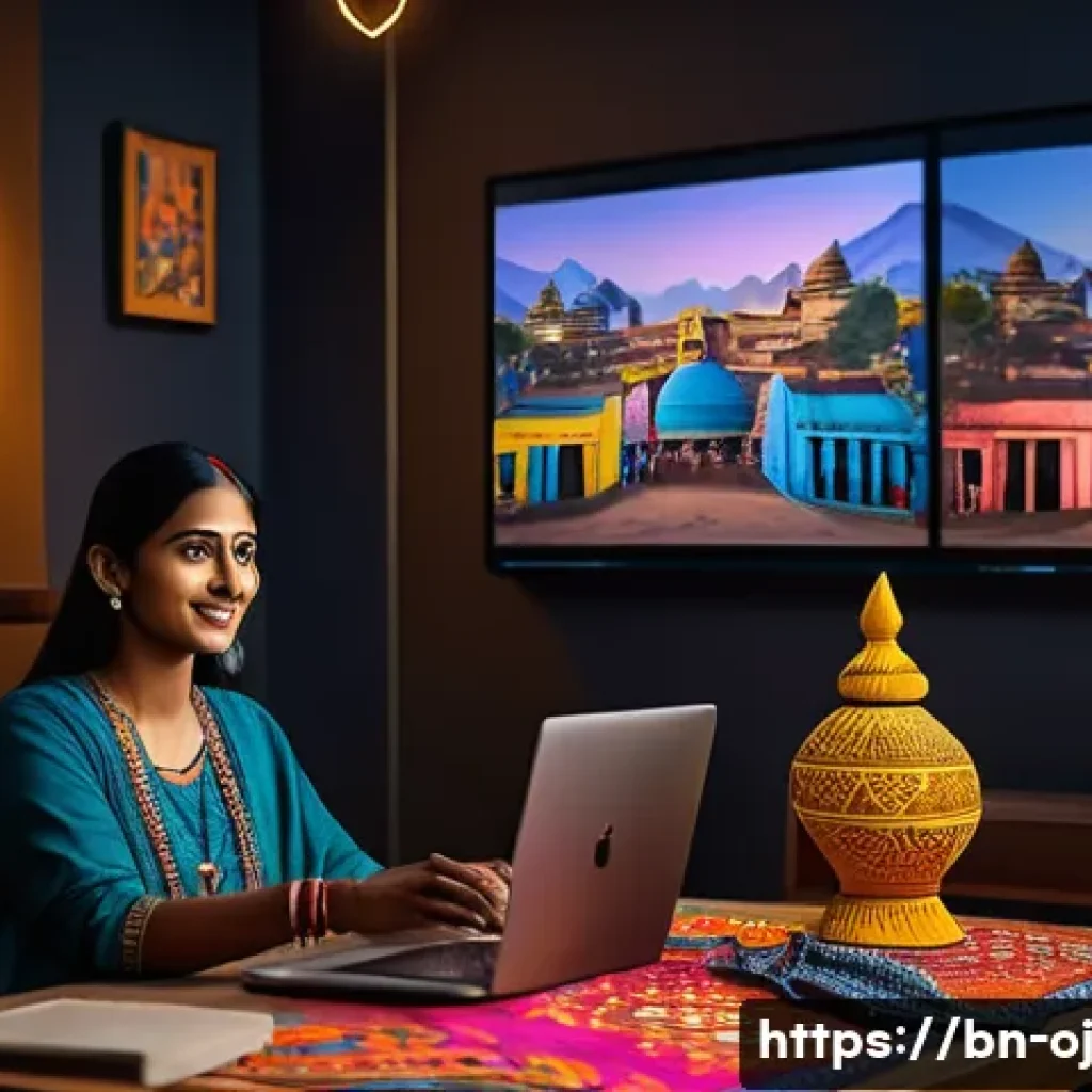 웹 생태계에서의 크라우드 펀딩 사례 - A vibrant scene of a Bengali artist in a cozy studio, wearing modest, colorful clothing, passionatel...