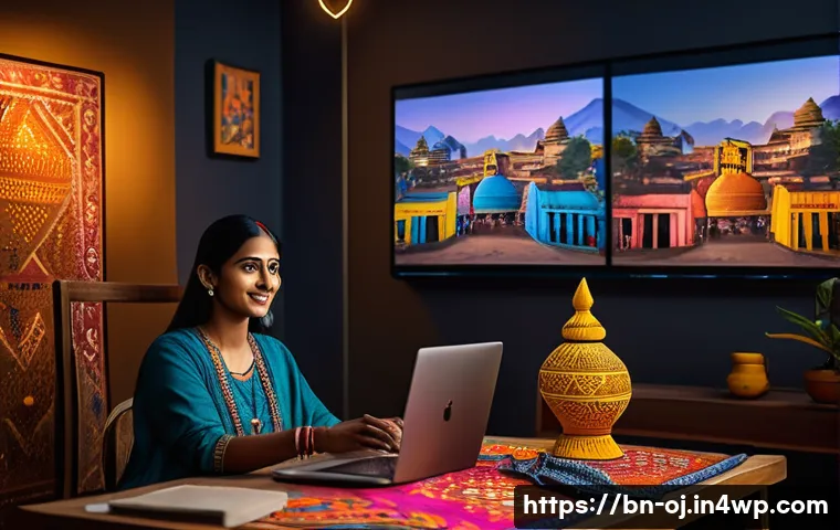 웹 생태계에서의 크라우드 펀딩 사례 - A vibrant scene of a Bengali artist in a cozy studio, wearing modest, colorful clothing, passionatel...