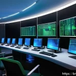 Home 22 웹 생태계의 데이터 안전성 확보 방안 - A high-tech network firewall setup in a modern data center environment, showcasing advanced security...