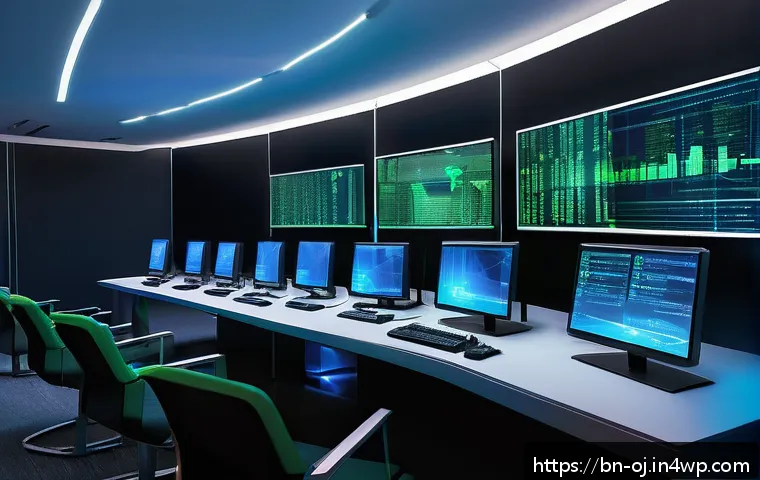 웹 생태계의 데이터 안전성 확보 방안 - A high-tech network firewall setup in a modern data center environment, showcasing advanced security...