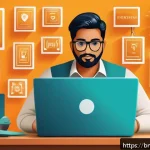 Home 21 웹 생태계의 보안 문제와 해결책 - A detailed digital illustration of a Bengali man sitting at a desk using a laptop, surrounded by ico...