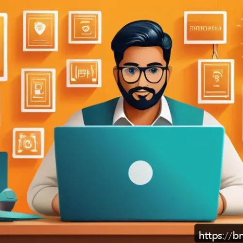 Home 33 웹 생태계의 보안 문제와 해결책 - A detailed digital illustration of a Bengali man sitting at a desk using a laptop, surrounded by ico...