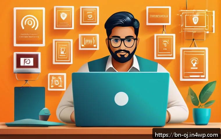 웹 생태계의 보안 문제와 해결책 - A detailed digital illustration of a Bengali man sitting at a desk using a laptop, surrounded by ico...
