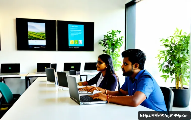 웹 생태계의 비즈니스 지속 가능성 - Photorealistic wide shot of a diverse Bangladesh-based digital business team in a bright modern offi...